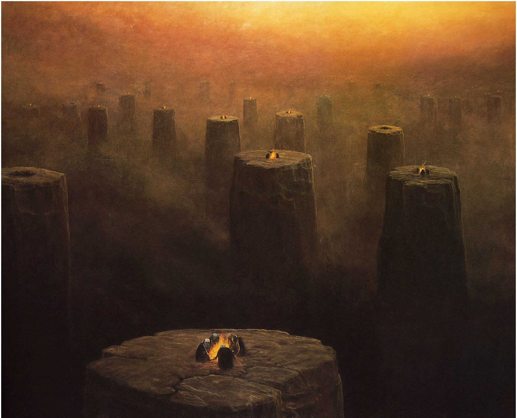 A desolate foggy hellscape barely lit by a sickly orange sun. The scene is filled with flat topped gigantic rocks sticking from a dark abyss, all tops on the same level. Each top has a small group, maybe 3 to 6 people, hugging a fire. Some of those flat tops have a snuffed out fire where no people remain.